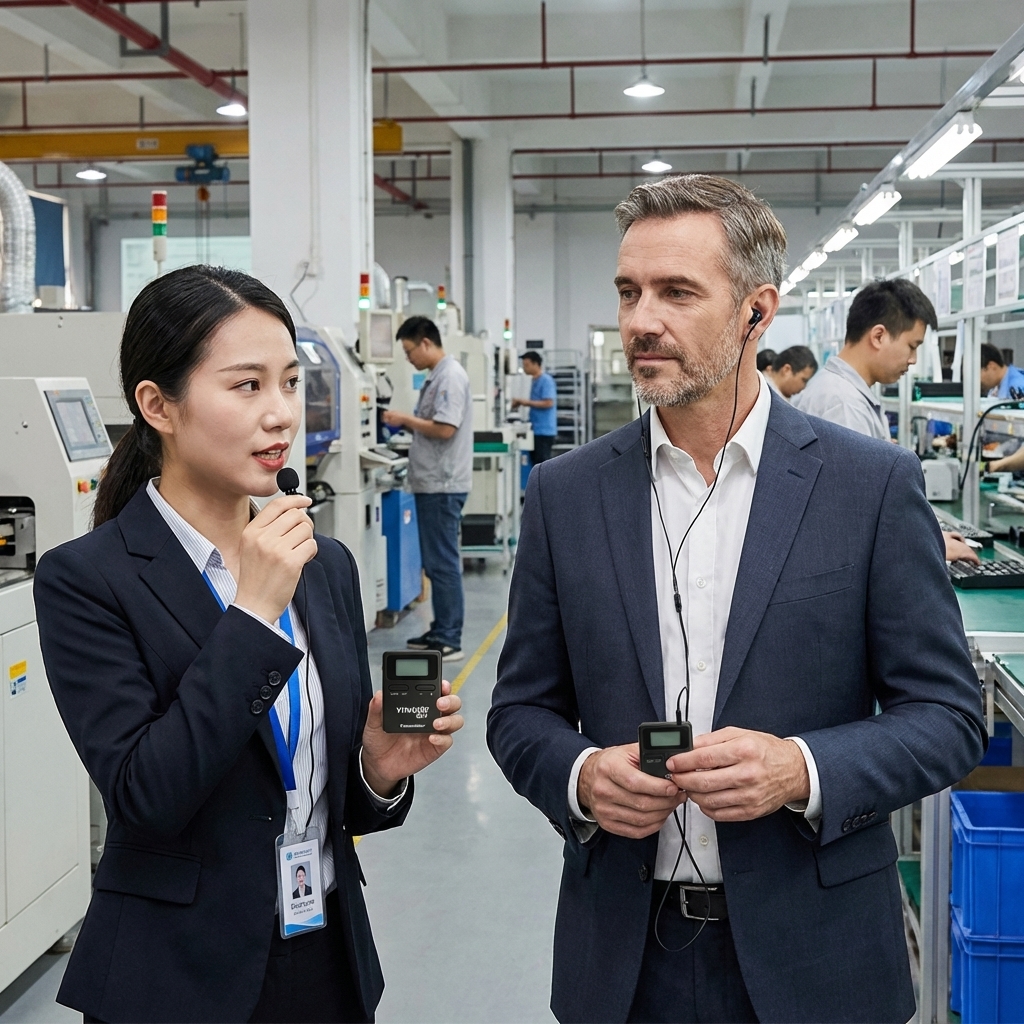 在工厂场景，客户使用鹰米的无线讲解器