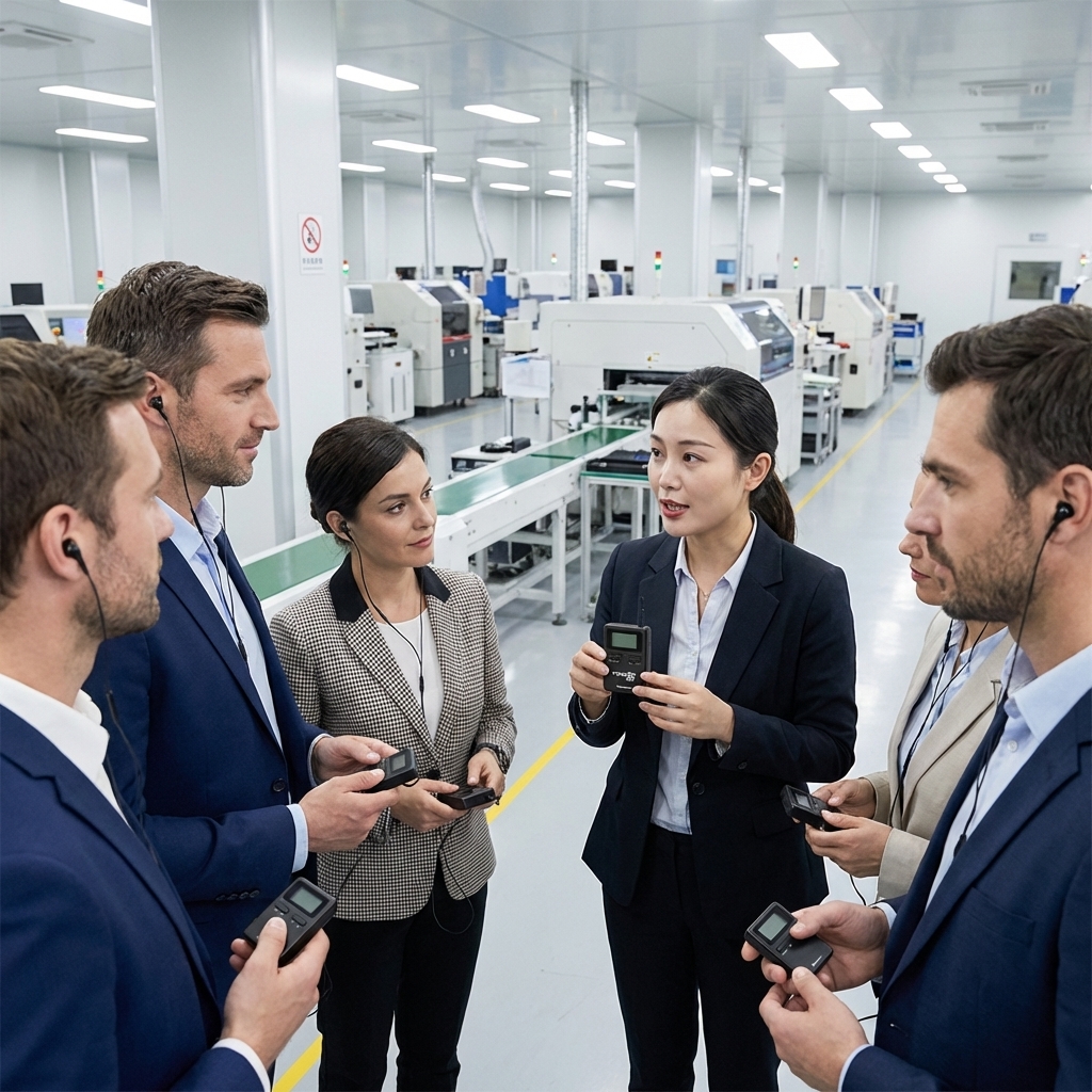 在工厂场景，客户使用鹰米的无线讲解器