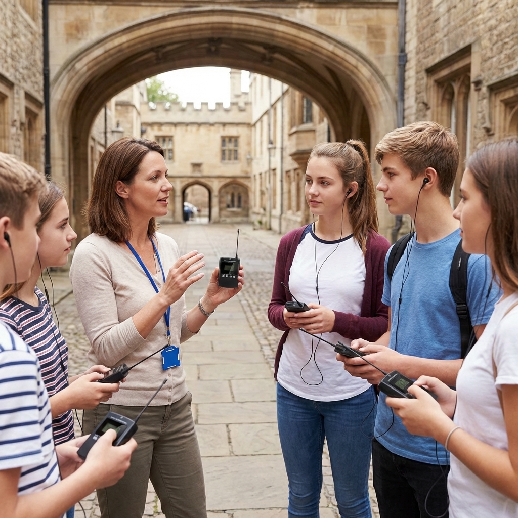 在国外研学场景，老师用鹰米的讲解器跟学生解说