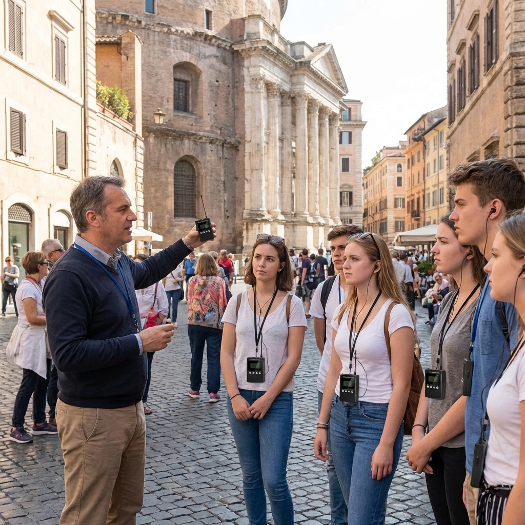 在国外研学场景，老师用鹰米的讲解器跟学生解说	