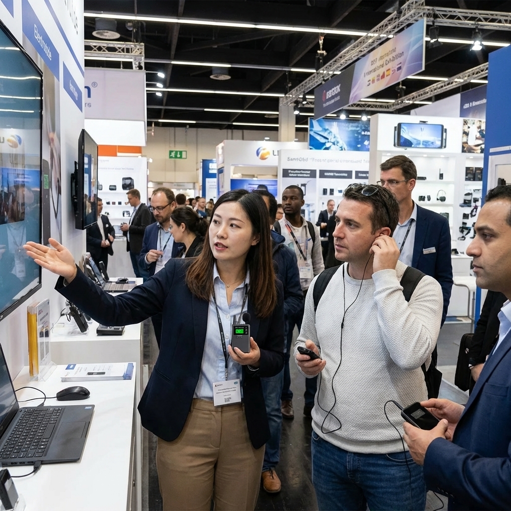 在展会场景，客户使用鹰米的无线讲解器