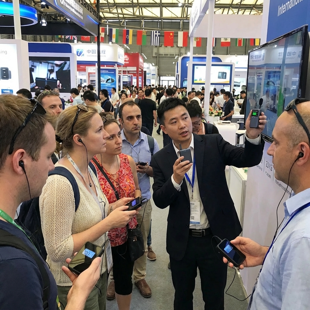 在展会场景,客户使用鹰米的无线讲解器