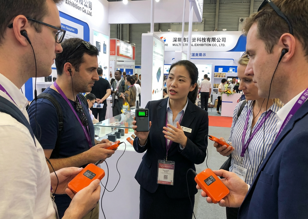 在展会场景，客户使用鹰米的无线讲解器