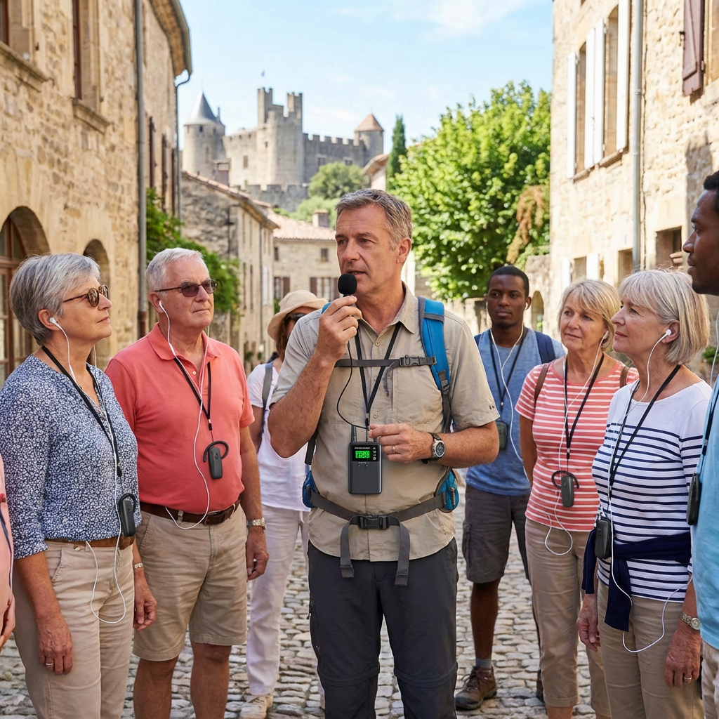 在户外活动场景，导游用鹰米的讲解器跟游客解说