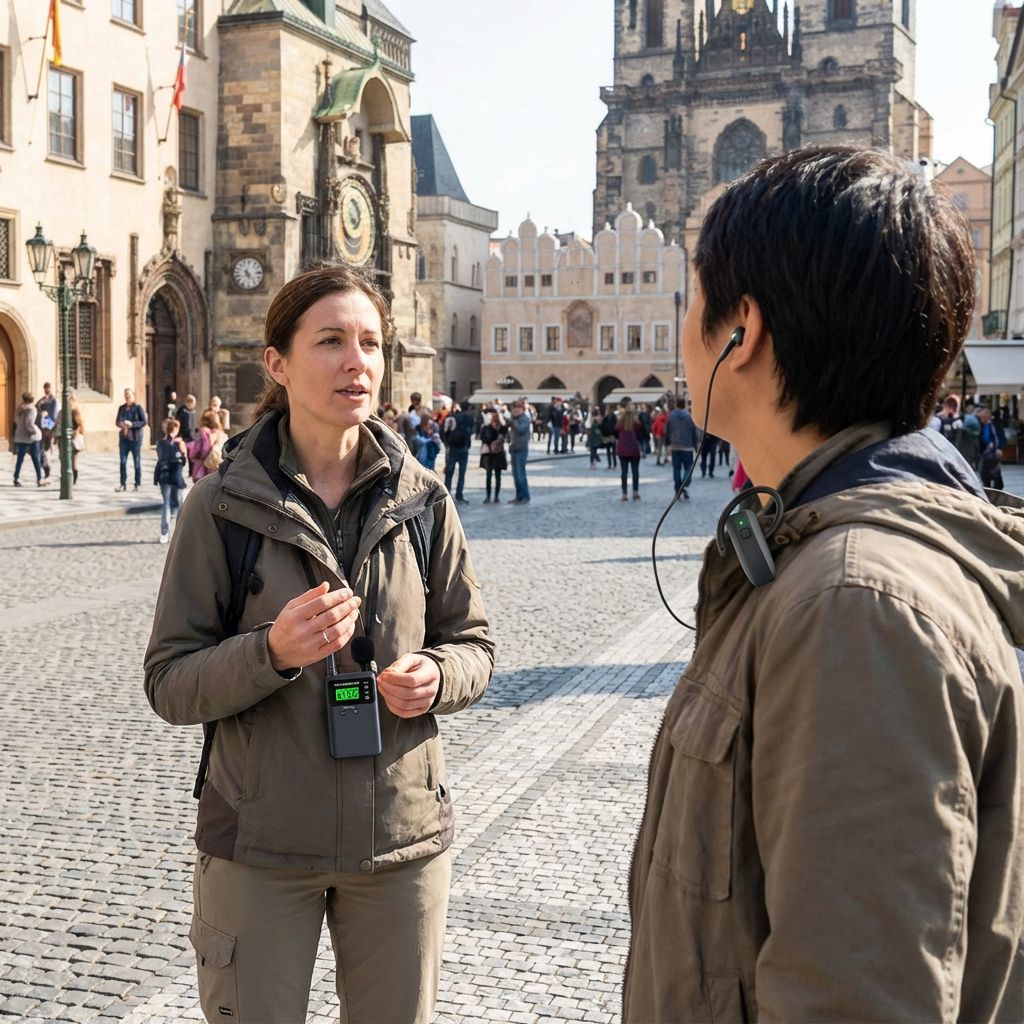 在户外活动场景，导游用鹰米的讲解器跟游客解说