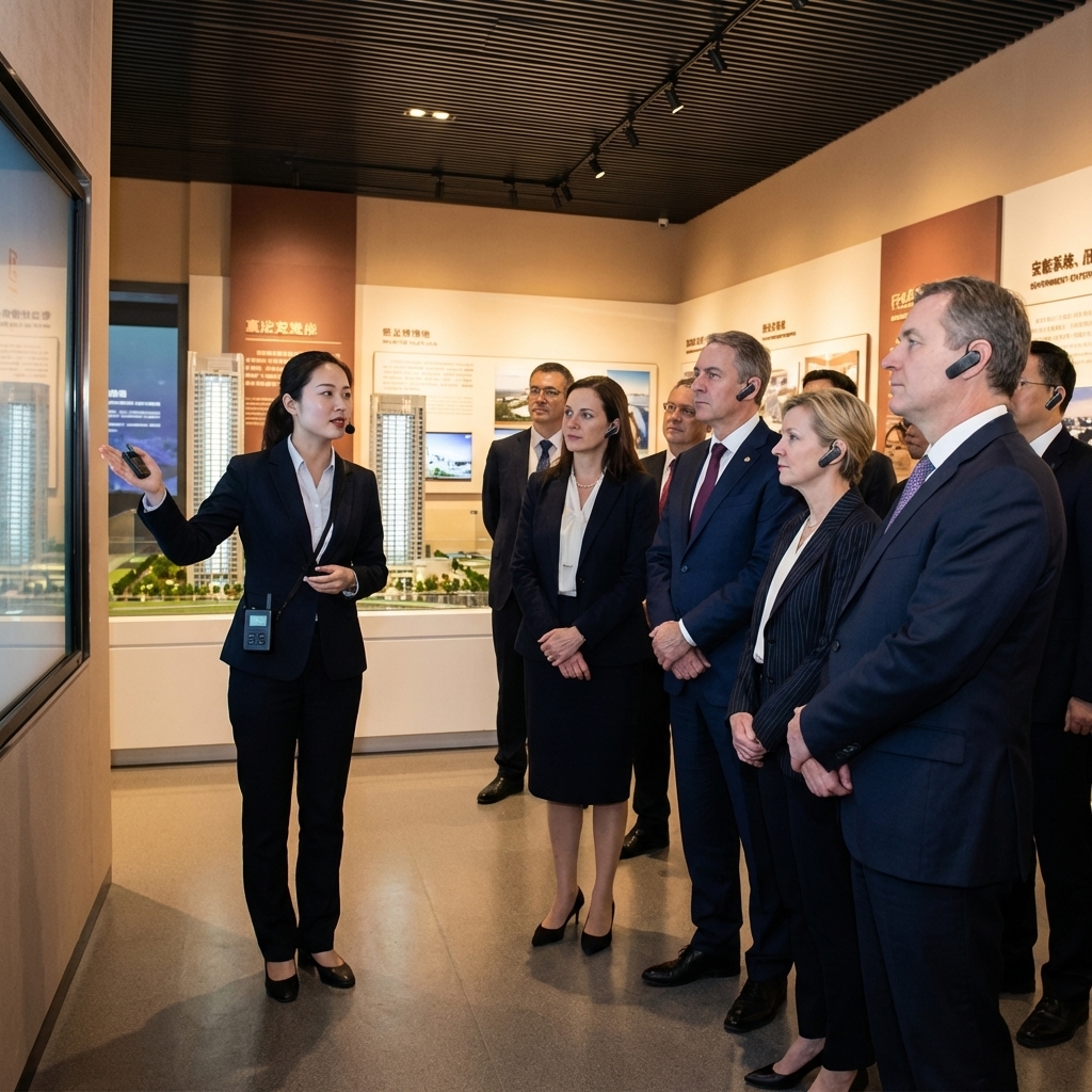 现代化商务场所内,政企考察团佩戴讲解器耳机,聆听手持无线讲解器的讲解人员介绍