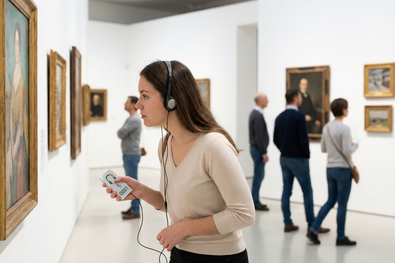 美术馆内游客使用自助讲解器参观