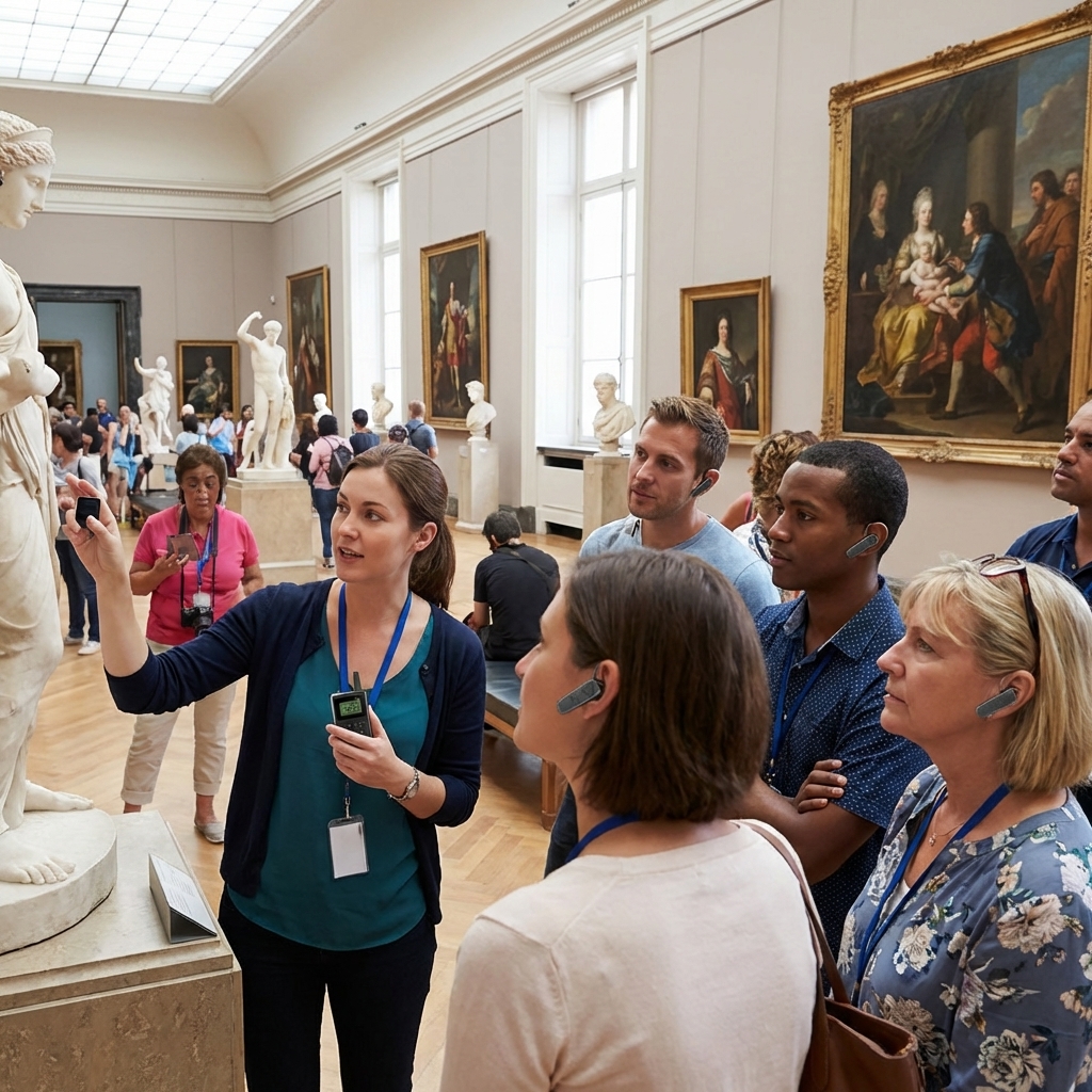 无线导览系统应用于博物馆场景，由智能导览员为参观者讲解艺术作品。
