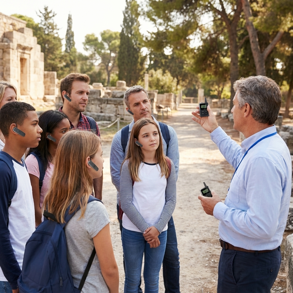 在研学场景，老师使用鹰米的无线讲解器