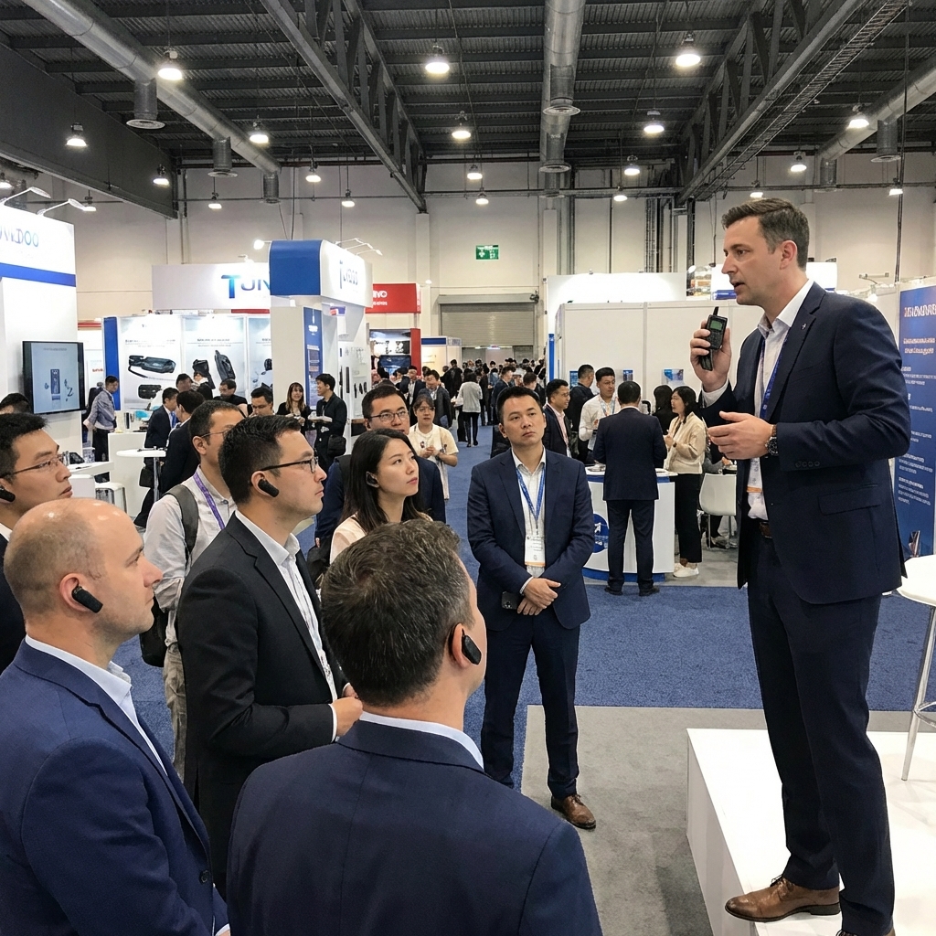 在展会场景，客户使用鹰米的无线讲解器