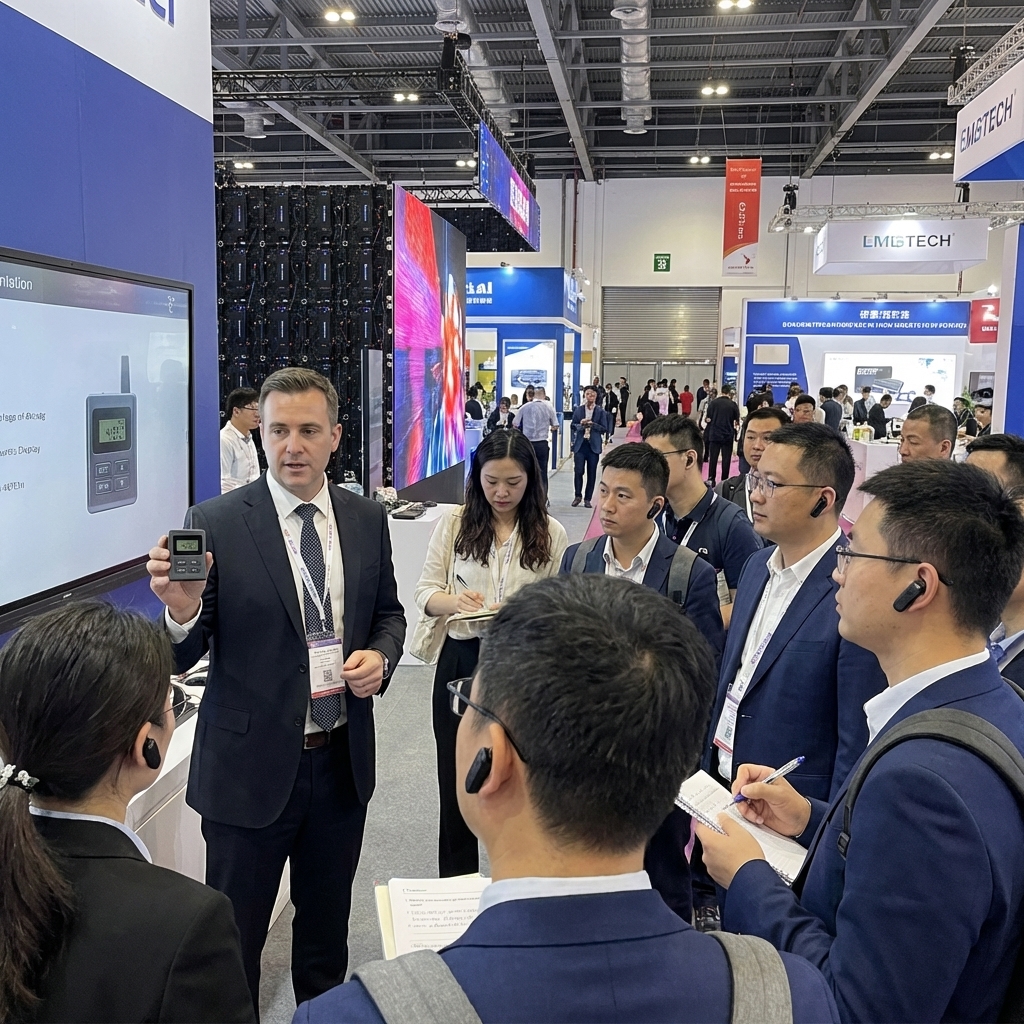 在展会场景，客户使用鹰米的无线讲解器