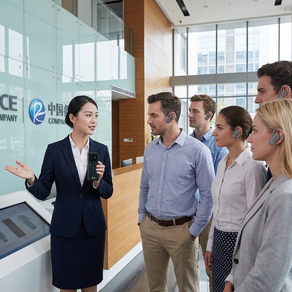 在政企接待场景，客户使用鹰米的无线讲解器