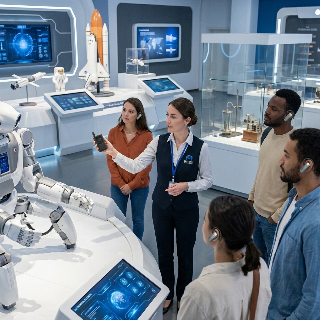 导游在科技馆用导览设备讲解