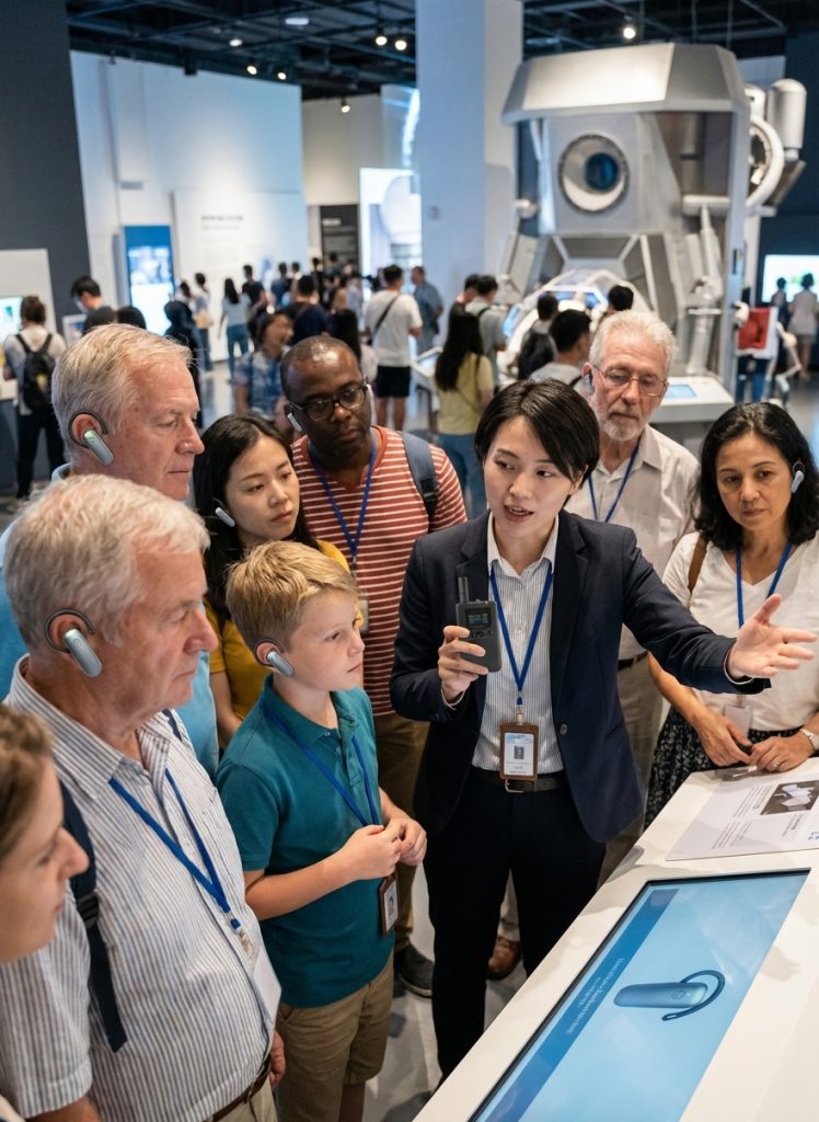 导游在科技馆用导览设备讲解