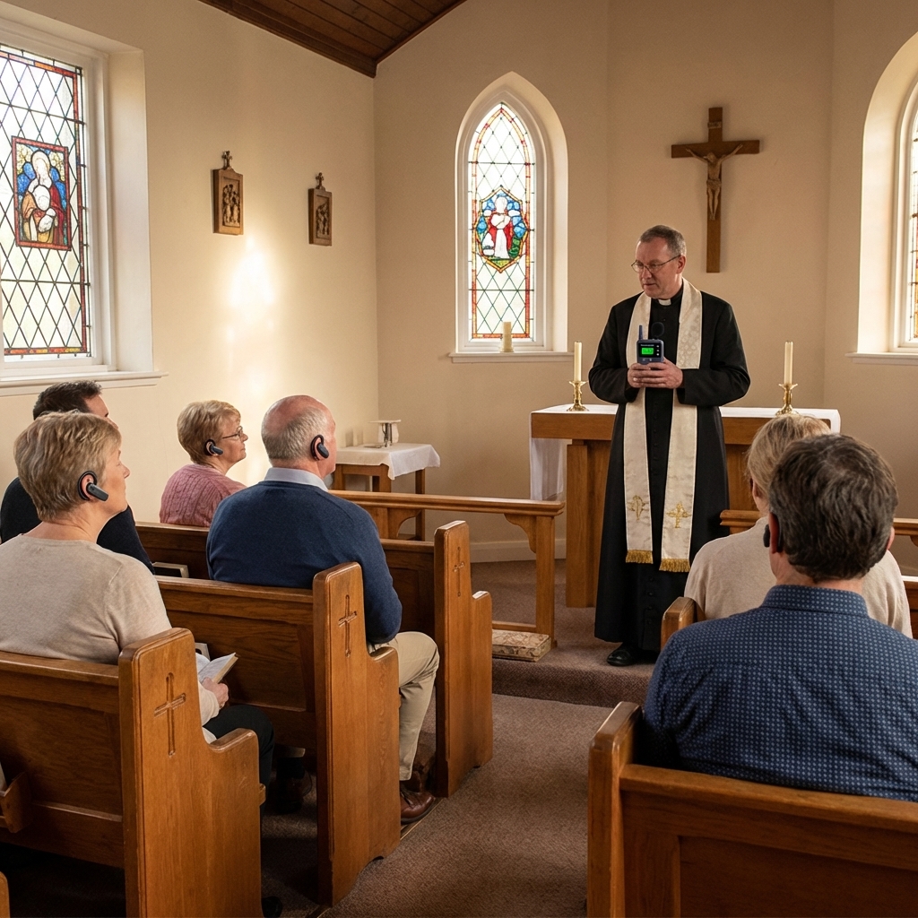 在教堂,人们使用无线讲解器做礼拜