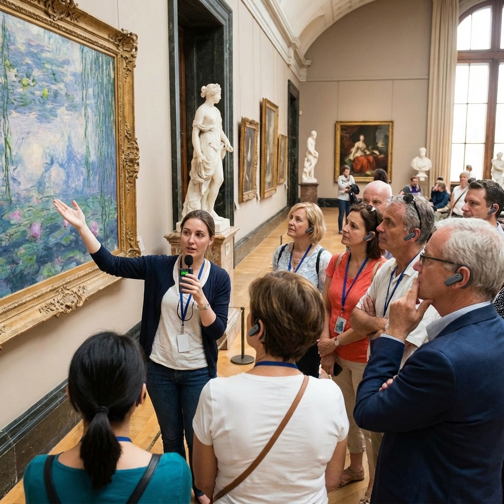 在国外博物馆，导游用鹰米的讲解器跟游客解说	