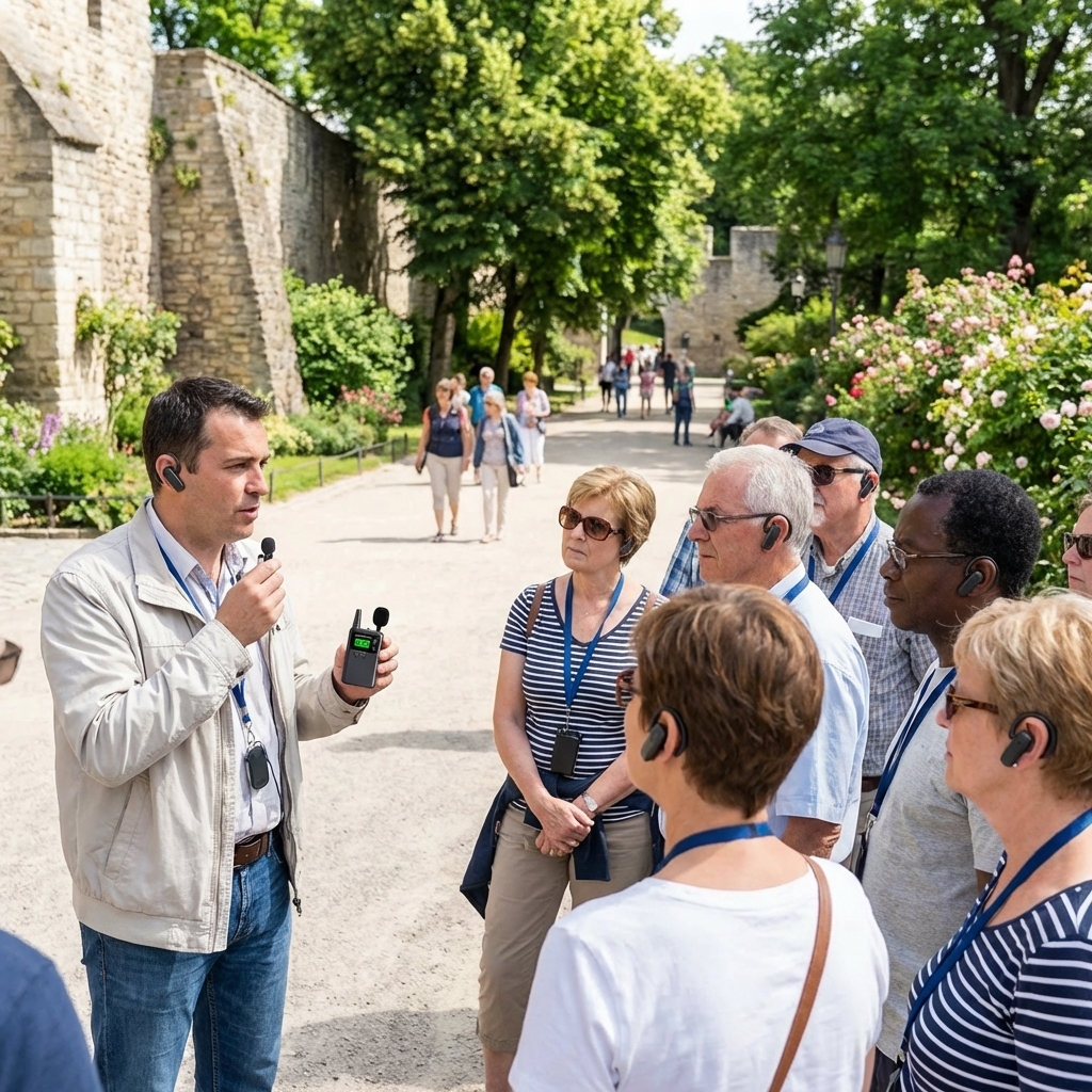 在国外景区，导游用鹰米的讲解器跟游客解说