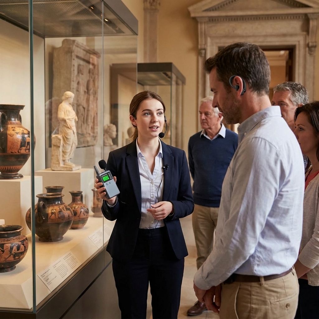 在博物馆场景，导游用鹰米的讲解器跟游客解说	