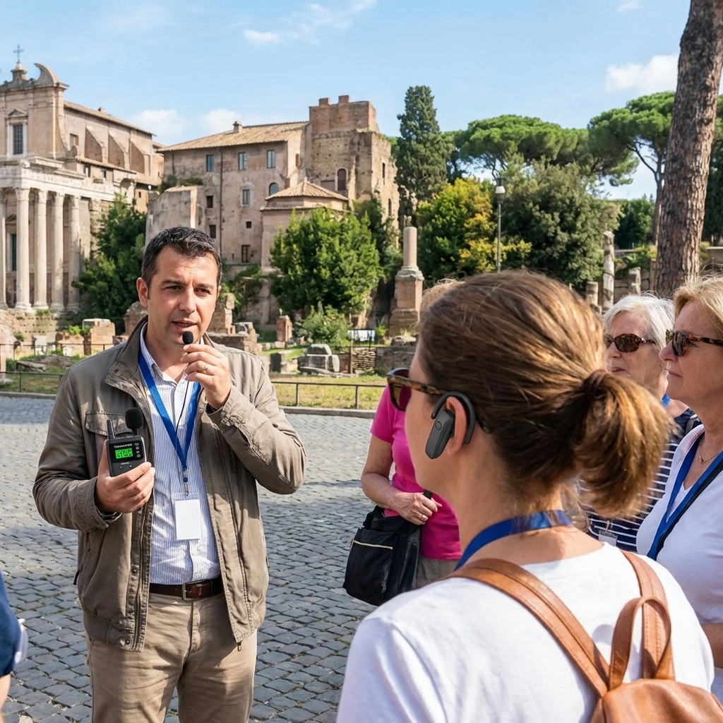 在旅游场景，导游用鹰米的讲解器跟游客解说