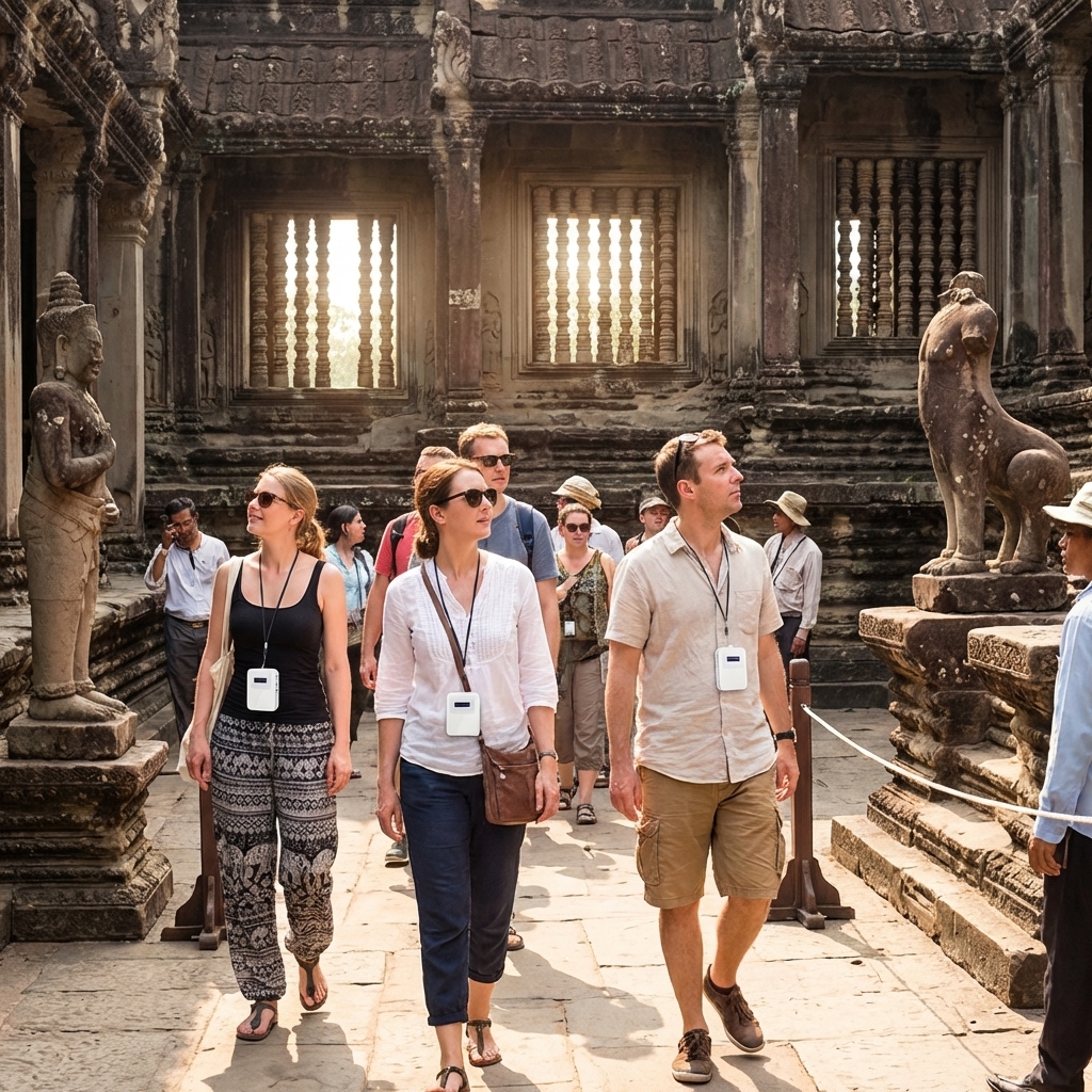 游客们佩戴鹰米的自助导览设备自由参观寺庙