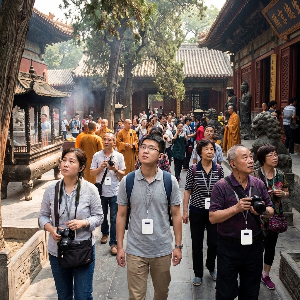 游客们佩戴鹰米的自助导览设备自由参观寺庙