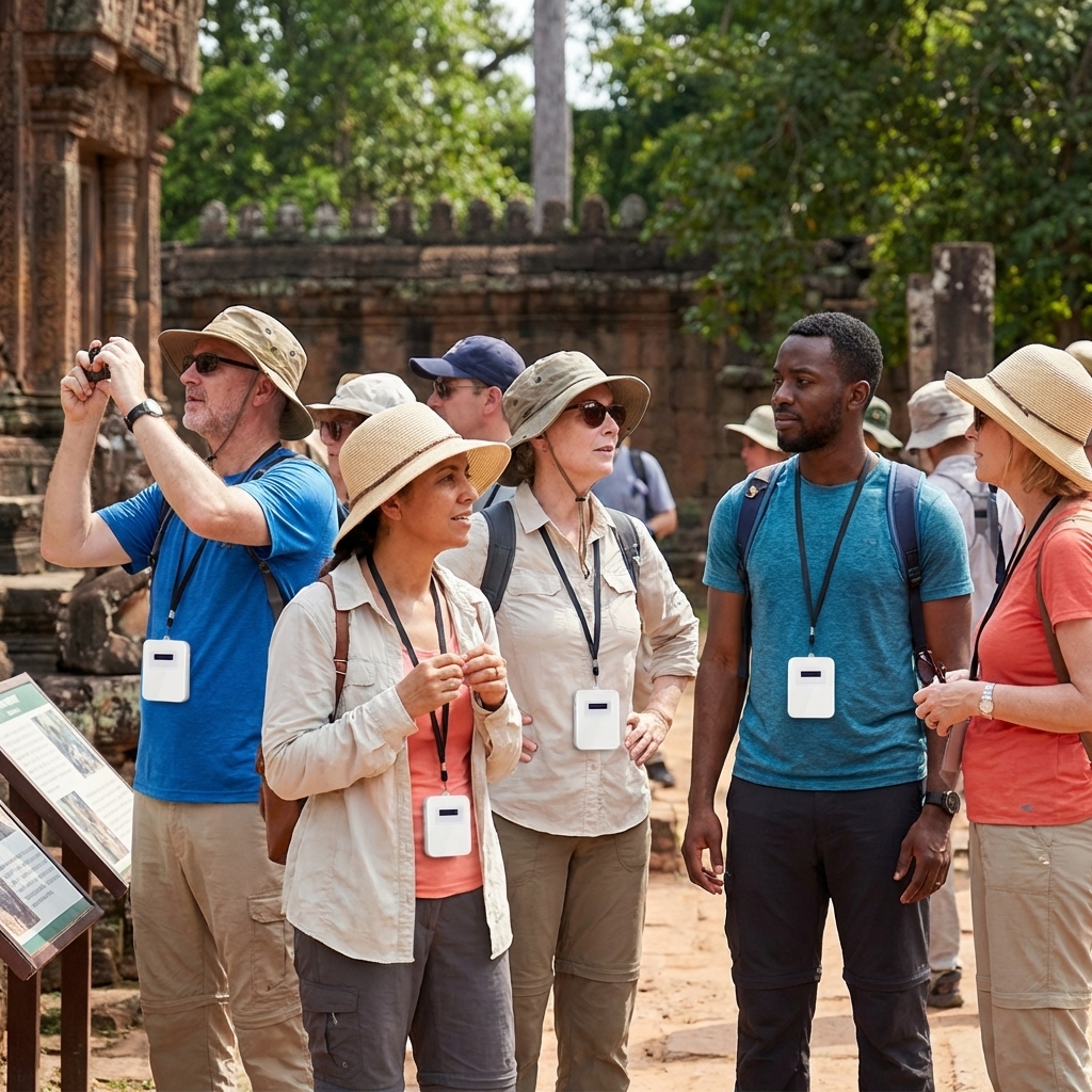 在旅游场景，游客们使用自助导览设备参观。