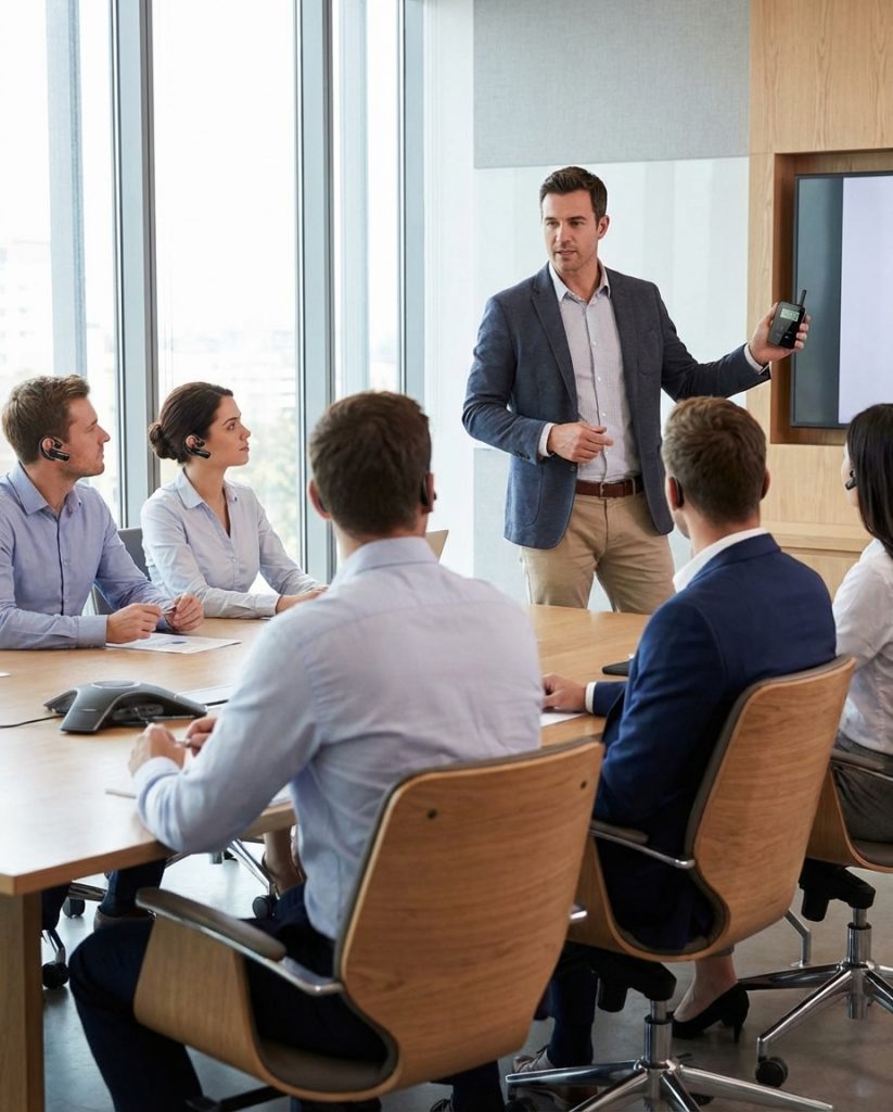 在会议场景，使用了鹰米的无线讲解器