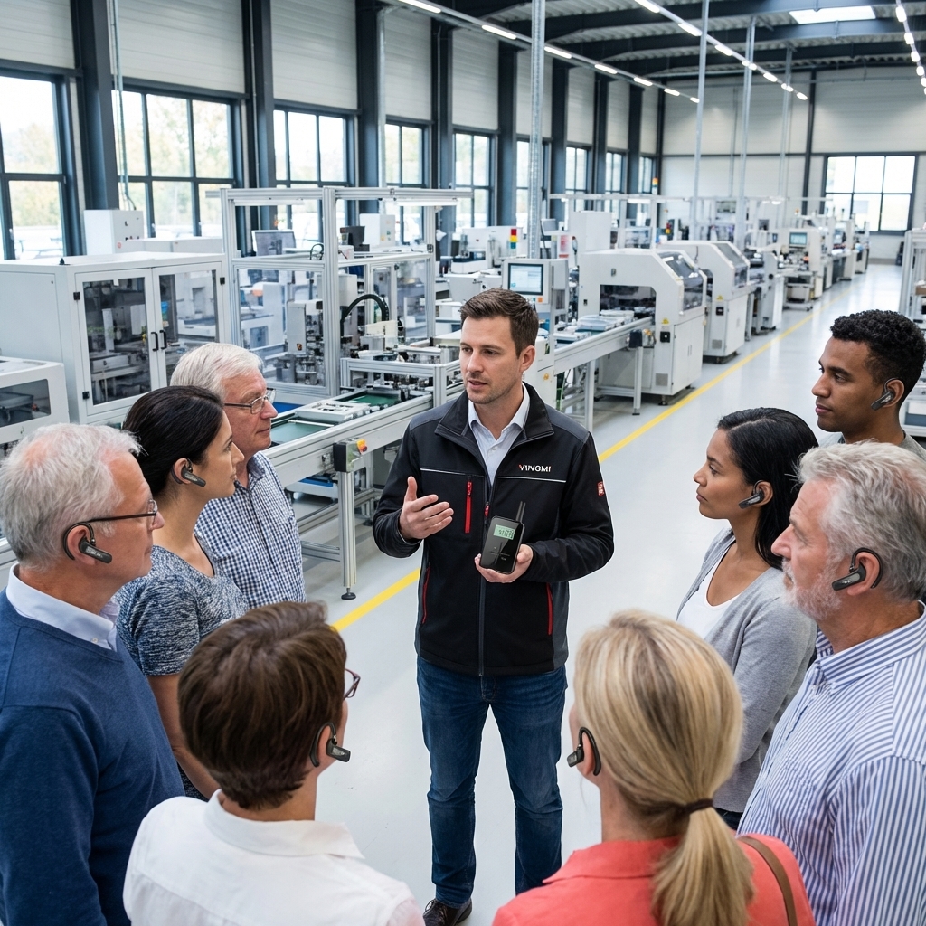 在工厂场景,客户使用鹰米的无线讲解器