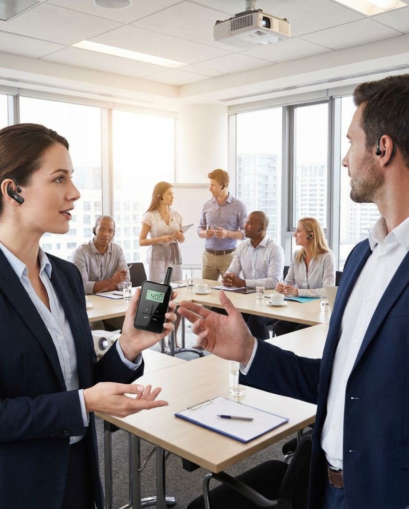 在会议场景，使用了鹰米的无线讲解器