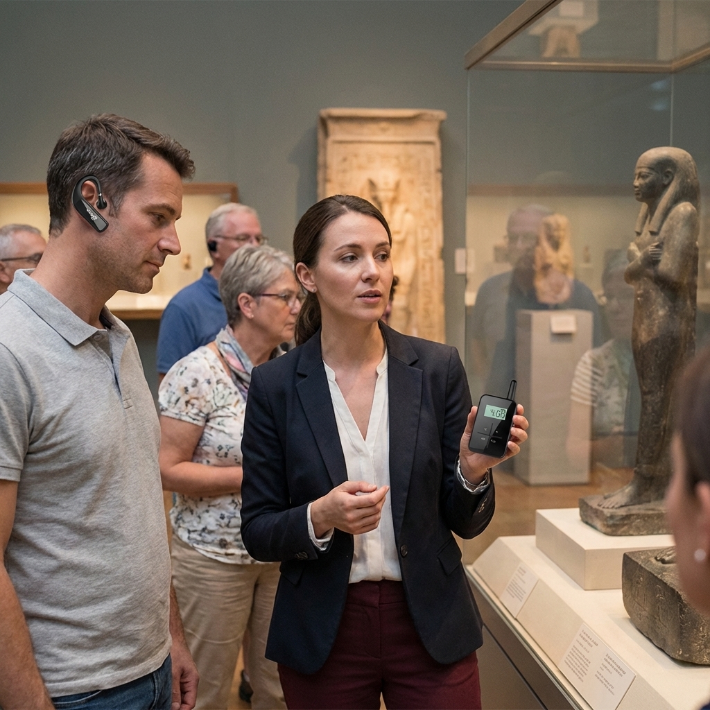 在博物馆场景，导游用鹰米的讲解器跟游客解说