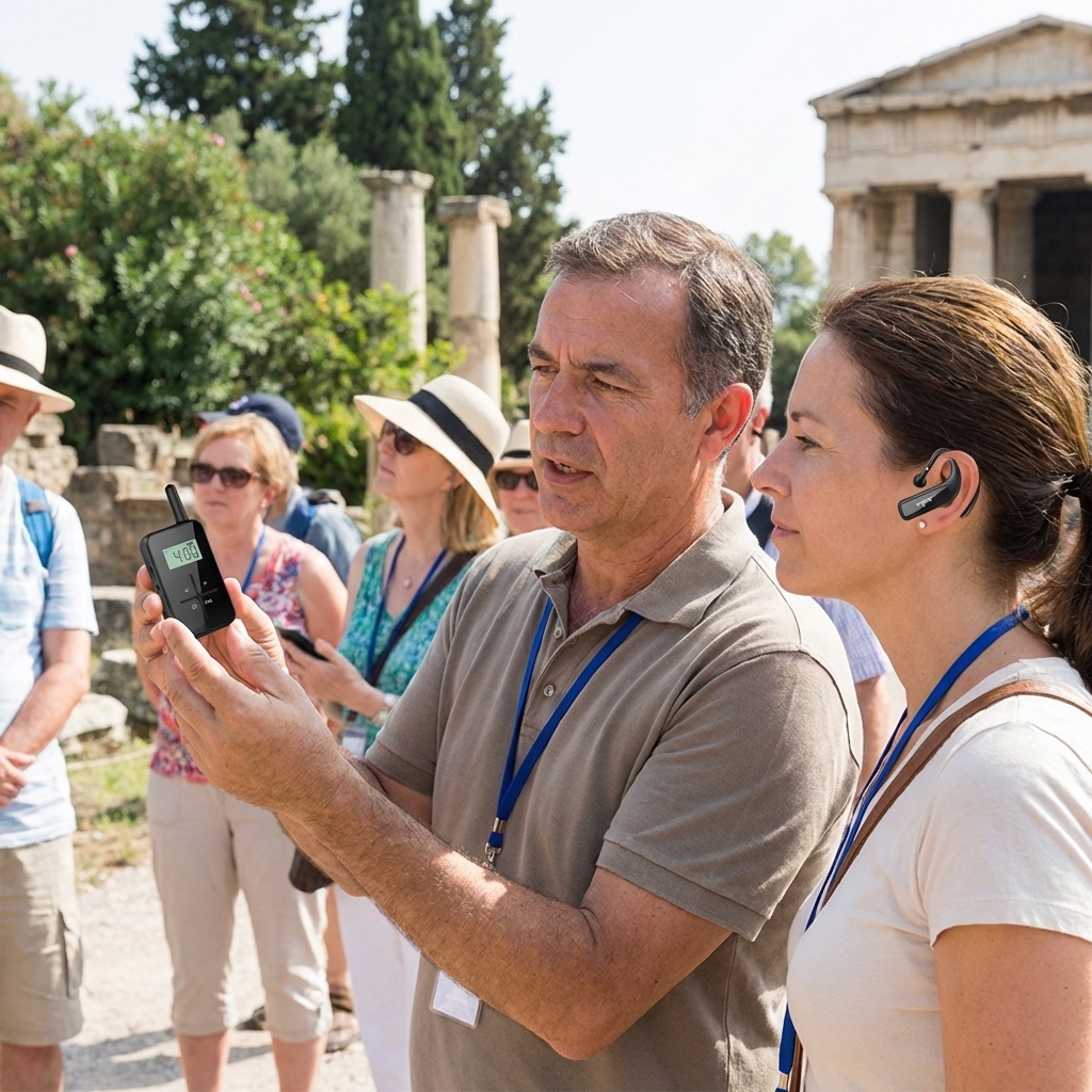 在旅游场景，导游用鹰米的讲解器跟游客解说