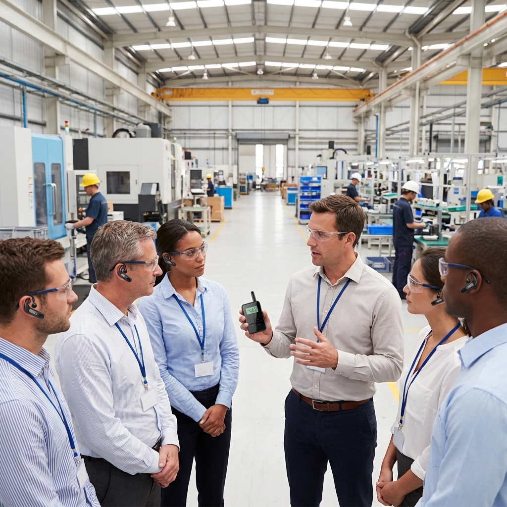 在工厂场景，客户使用鹰米的无线讲解器