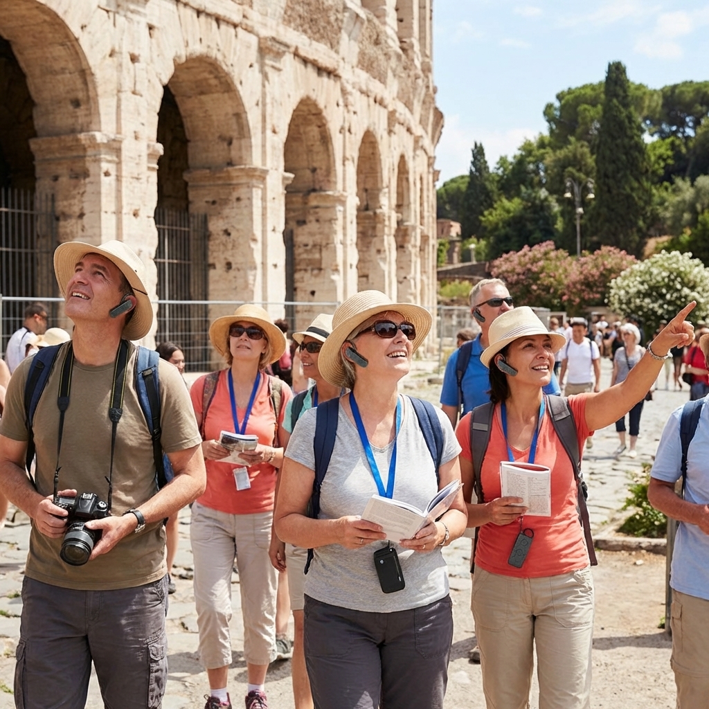 游客们佩戴鹰米的自助导览设备自由参观景点