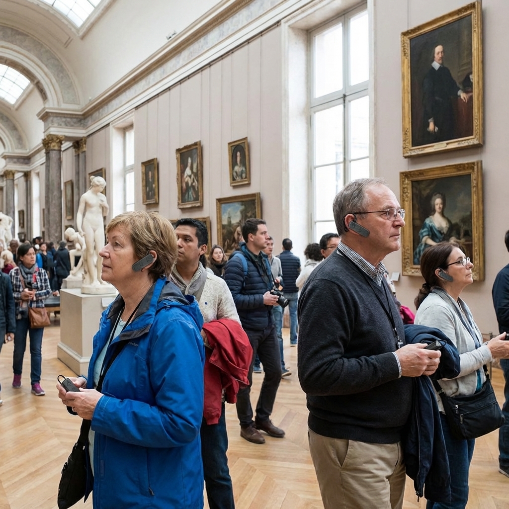 游客们佩戴鹰米的自助导览设备自由参观