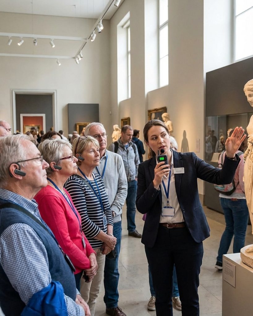 雕塑博物馆展厅游客戴L8讲解器听导游讲解