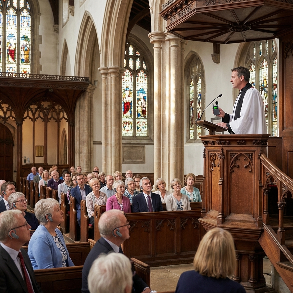 在教堂，人们使用无线讲解器做礼拜