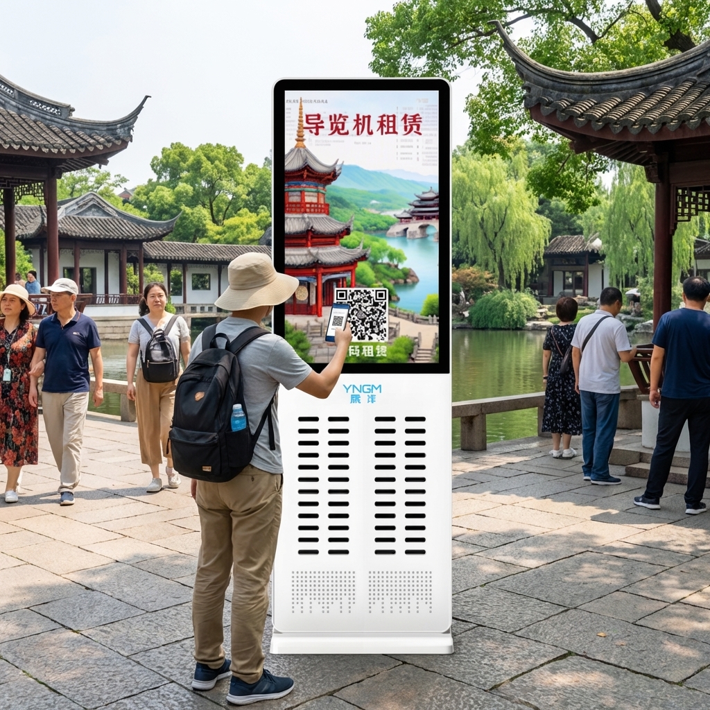 游客在自助租赁柜前扫码租赁讲解器