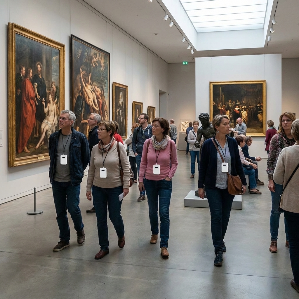 美术馆展厅内游客团佩戴讲解器参观古典油画