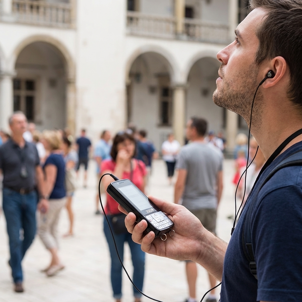 游客们佩戴鹰米的自助导览设备自由参观景区
