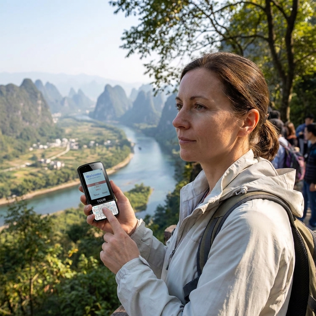 旅游场景，游客使用鹰米的自助讲解器参观。