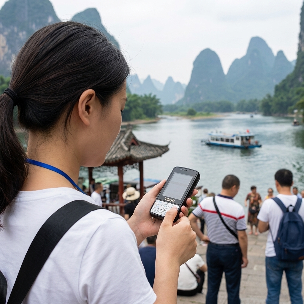 游客们佩戴鹰米的自助导览设备自由参观景区