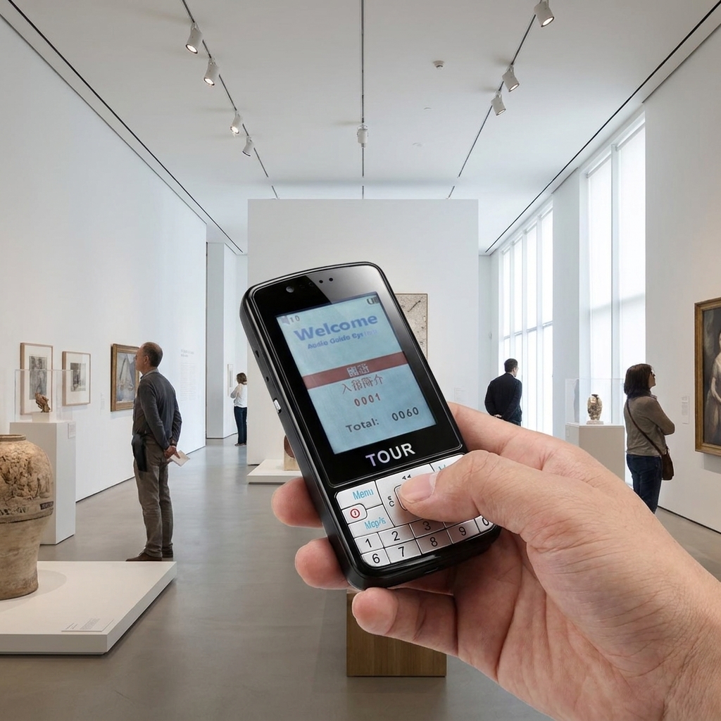 在展馆，游客使用鹰米的自助讲解器参观。