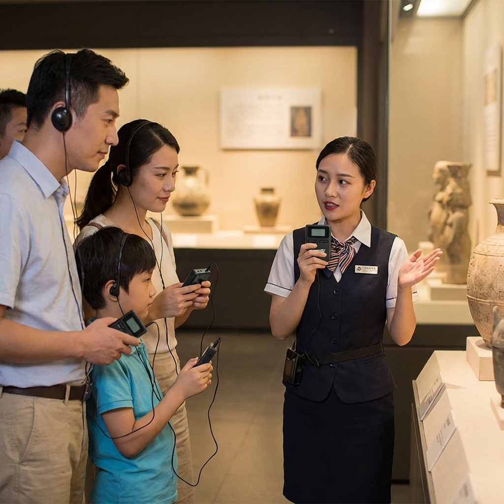 在博物馆场景，导游使用鹰米的无线讲解器008A跟游客解说。