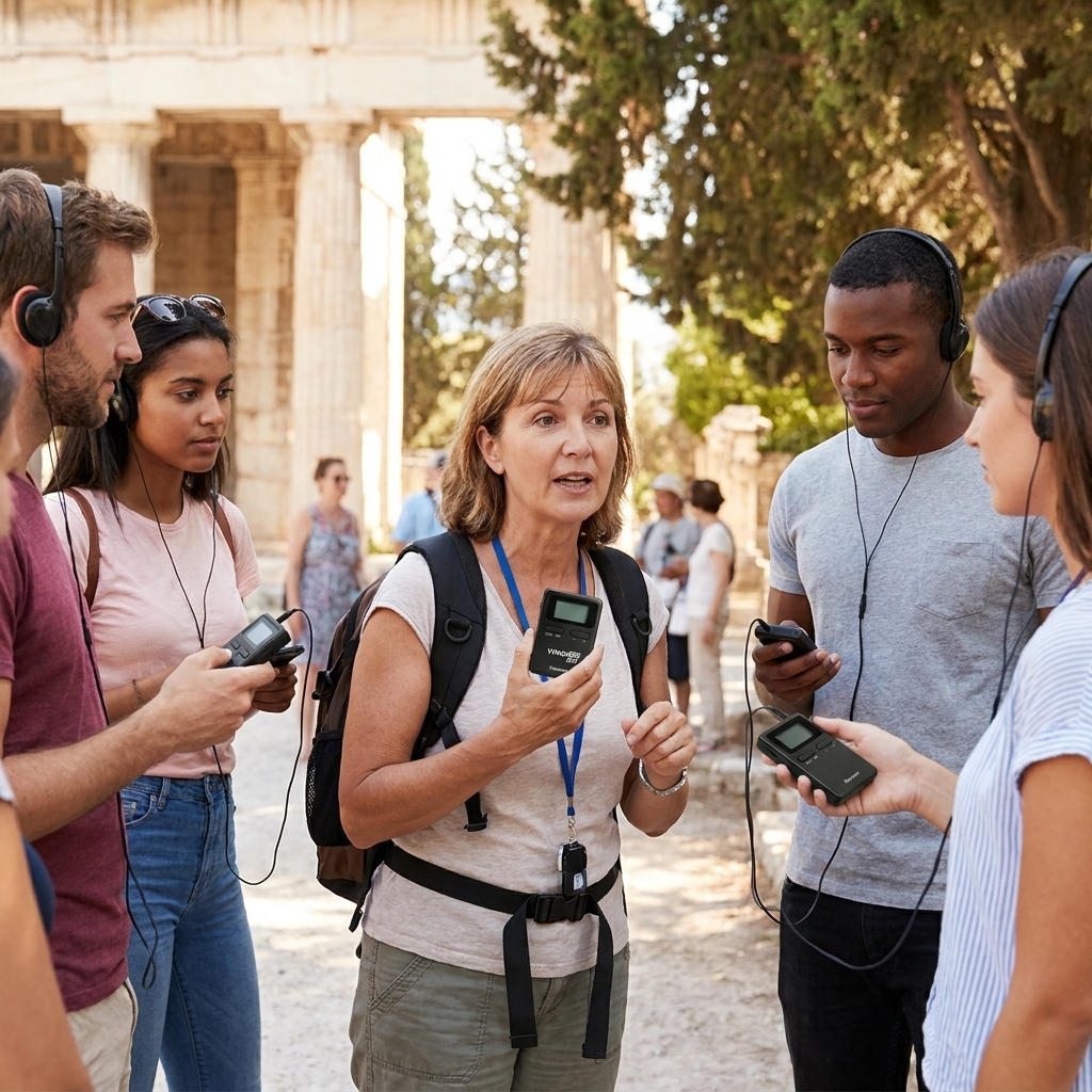 在旅游场景，导游使用鹰米的无线讲解器008A跟游客解说。