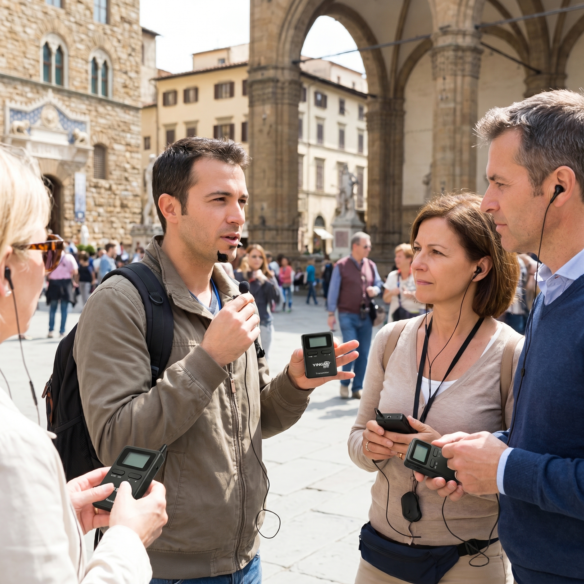 在旅游场景，导游使用鹰米的无线讲解器008A跟游客解说。