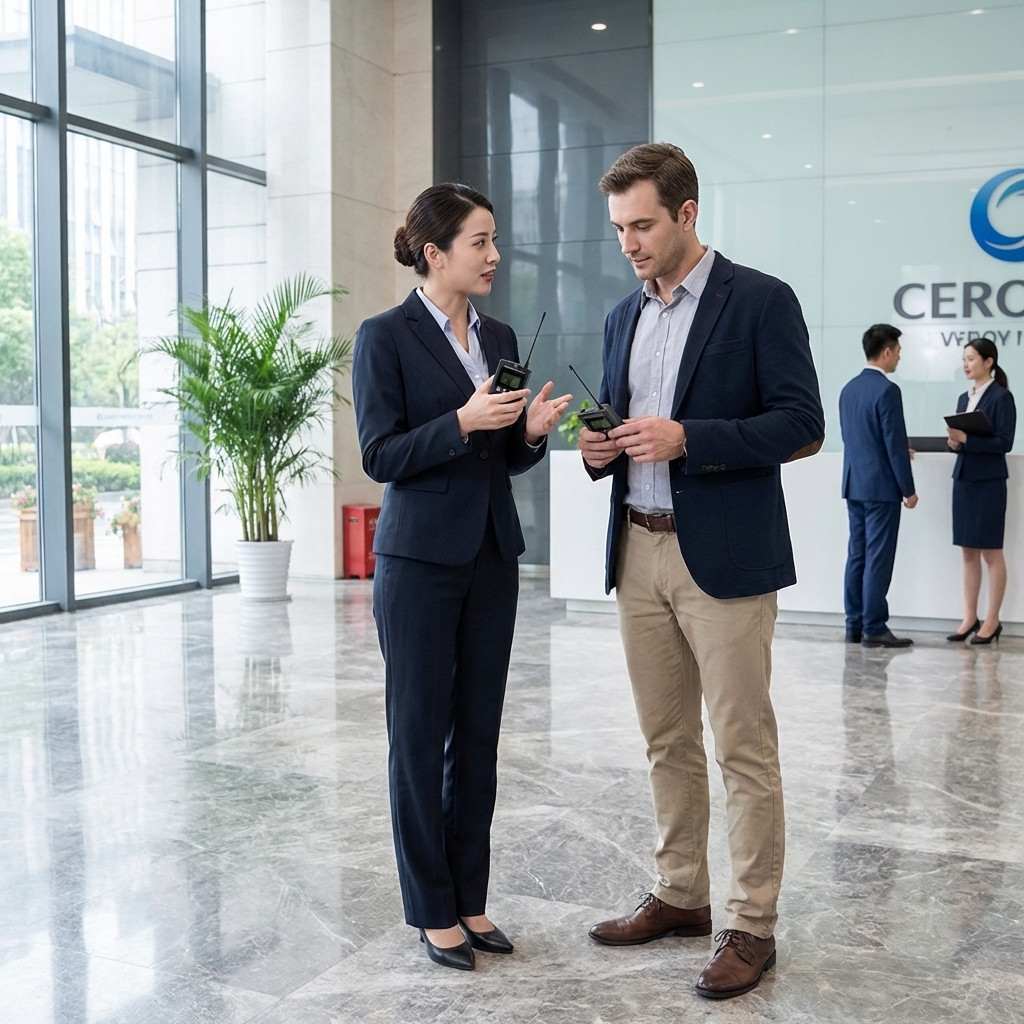 在商务接待场景，客户使用008B鹰米对讲讲解器。