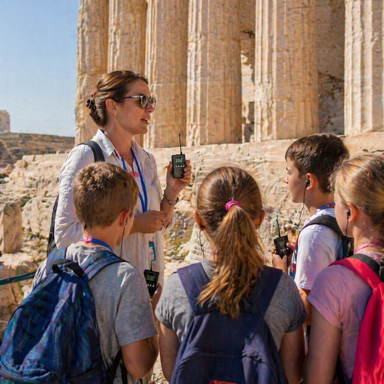 在国外研学场景，老师用鹰米的讲解器跟学生解说