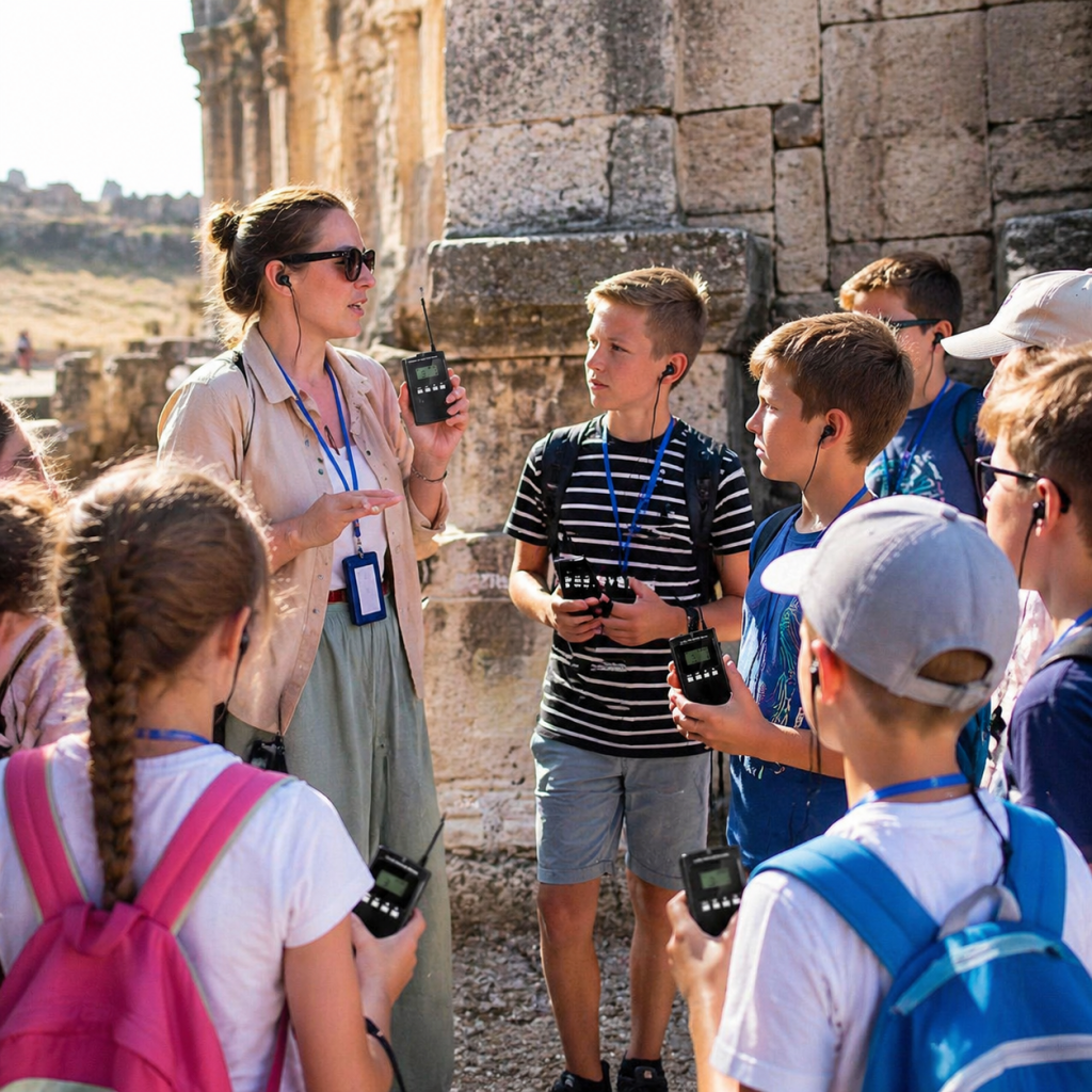 在国外研学场景，老师用鹰米的讲解器跟学生解说