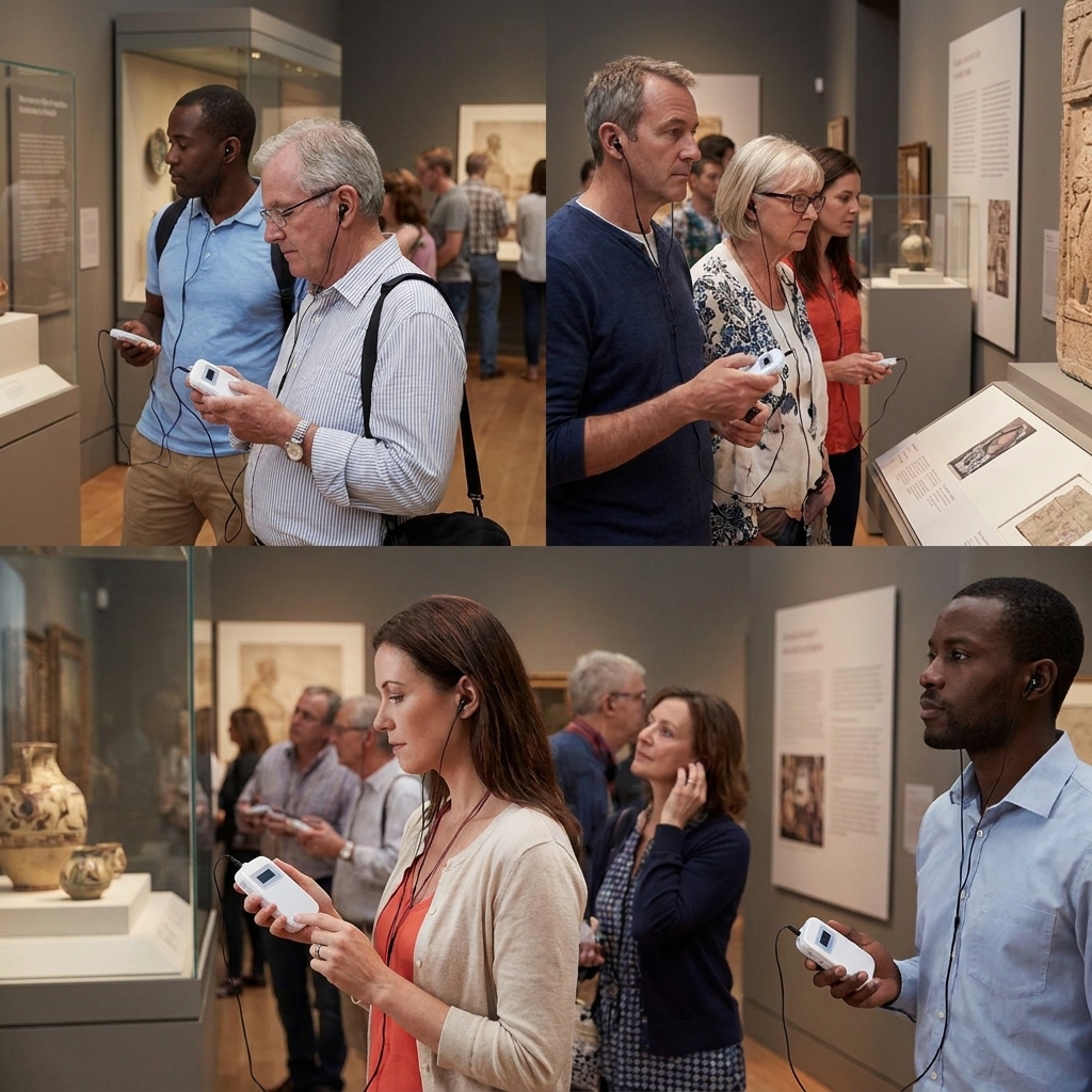 博物馆展厅内游客团佩戴讲解器参观古典油画