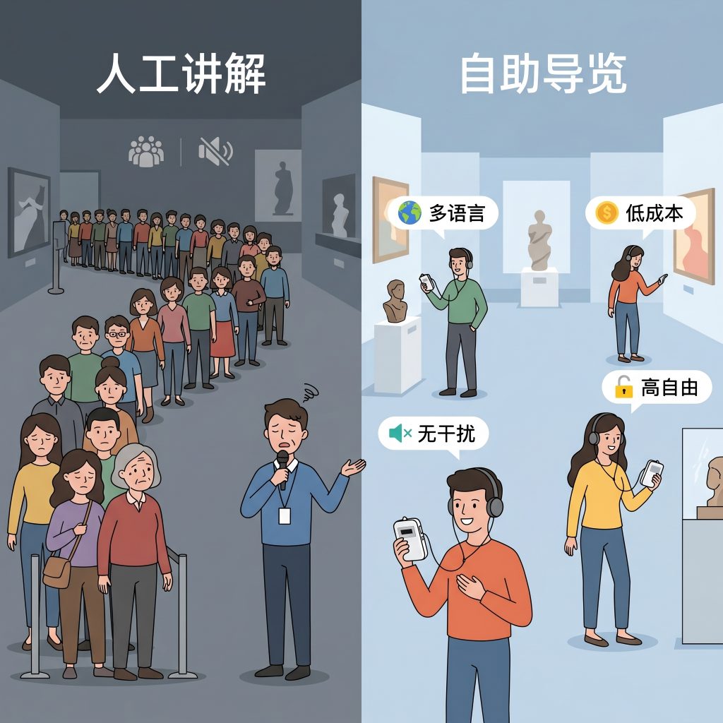 自助导览 vs 人工讲解对比可视化，左侧人工讲解拥挤排队，右侧游客手持鹰米 C7 自助导览自由参观。